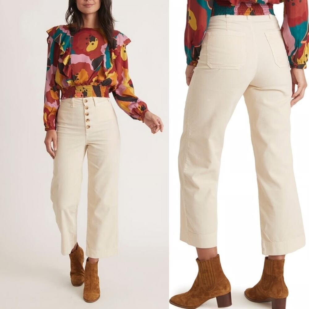 Marine Layer Bridget Exposed Button Crop Wide Leg Corduroy Pant Cream Size 6